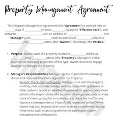 a property management agreement is shown in this image, with the words property management written on it