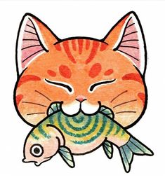 a drawing of a cat that is holding a fish in it's mouth with its eyes closed