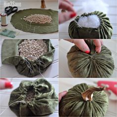 four pictures showing how to sew a green bag with white thread and buttons on it