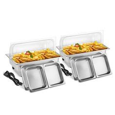 two food warmers with trays filled with food