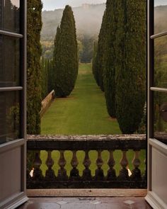 an open door leading to a lush green field with trees on either side and fog in the distance