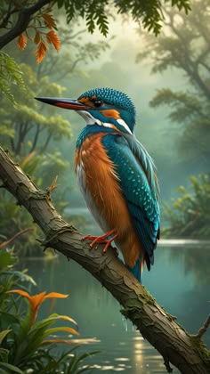 a colorful bird sitting on top of a tree branch next to a body of water