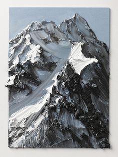 an acrylic painting of a snowy mountain peak in black and white, on a canvas