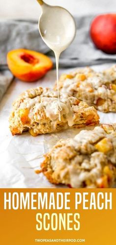 homemade peach scones are being drizzled with icing