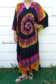 "🌈 Tie Dye Hippie Kaftan Dress, Loose Fit Tie Dye Dress, Beach Dress, Tie Dye Clothing, Oversize Kaftan Dress, Tye Dye Poncho, Tye Dye Shibori Measurement and detail: 👉Fabric: 100% Breathable and Comfy Rayon 👉Method: Hand Dyed 👉Special Feature: Cold Dye (machine washable) 👉Size: One Size Fits Most (M-4XL) Extremely comfy 👉Length of Dress: 46\" 👉Width of Dress: 45\" 👉Bust 60\"- 80\" ------------------------------------------- 🌸Care Instruction: We recommend hand wash your dress in cold w Tie Dye Clothing, Dress Loose Fit, Tie Dye Hippie, Dress Kaftan, Tie Dye Outfits, Dye Dress, Beach Wear Dresses, Tie Dye Dress, Dress Beach