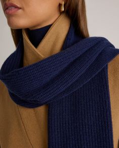 It doesn't get cozier than cashmere, so level up your scarf collection with our Mongolian Cashmere Ribbed Scarf. Our Grade-A cashmere helps you guard against the chill with incredible softness and three times the warmth of wool, with a ribbed knit that feels amazing against your skin.  | Quince | Mongolian Cashmere Ribbed Scarf in Navy Cashmere Scarf Outfit, Casual Work Outfit Winter, Work Outfit Winter, Classy Scarf, Rib Knit Scarf, Navy Scarf, Navy Blue Scarf, Ribbed Scarf, Scarf Collection