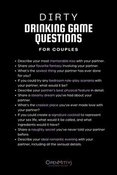 a black and white poster with the words dirty drinking game questions for couples on it