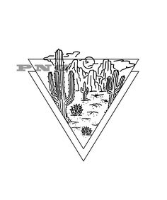 a triangle with cactus and mountains in the background, drawn by hand on white paper