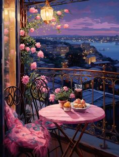 a painting of pink flowers on a balcony overlooking the ocean and city lights at night