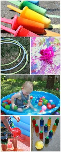 different pictures of children playing in an inflatable pool with toys and water bottles