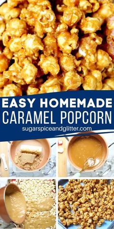 homemade caramel popcorn recipe with ingredients to make it in the microwave and ready to be eaten