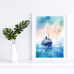 a watercolor painting of a boat in the ocean next to a potted plant