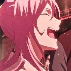 an anime character with pink hair and long bangs is making a funny face while looking at the camera