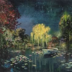 a painting of a boat in a pond with lily pads