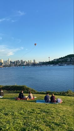 people are sitting on the grass by the water