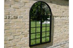 Indoor / Outdoor Black Metal Arched Garden Mirror - Decor Interiors Window Black Frame, Black Arch Mirror, Large Shutters, Shutter Mirror, Metal Shutters, Garden Mirror, Black Arch, Garden Sanctuary, Door Mirrors