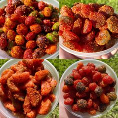 four bowls filled with different types of food on top of green grass and dirt covered ground