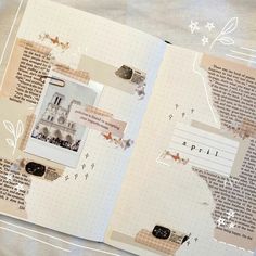 an open scrapbook with pictures and words on the pages that have been altered to look like a page in a book