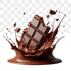 chocolate splashing into the ground with milk and chocolate pieces falling down on it, hd png