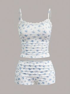 2pcs Plus Size Floral Print Pleated Camisole & Shorts Summer Casual Set White Boho    Plants,Ditsy Floral,All Over Print  Medium Stretch  Women Plus Clothing, size features are:Bust: ,Length: ,Sleeve Length: Cute Clothes Shein, Short Summer Outfits, Shein Clothes, Blue And White Shorts, Cute Pajama Sets, 2 Piece Sets, Pajamas Sets, Shorts Summer, Sleepwear Sets