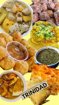 a collage of different foods and condiments in white bowls on a yellow background