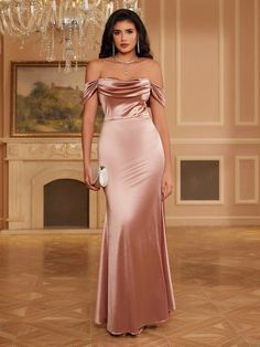 Women's Solid Color Off-Shoulder Ruched Fitted Simple Dress, Elegant Formal Evening Prom Gown, For Wedding Guest, Graduation, Dinner Champagne Elegant  Sleeveless Satin Plain Bodycon Non-Stretch  Weddings & Events, size features are:Bust: ,Length: ,Sleeve Length: Blush Satin Dress, Light Pink Quinceanera Dresses, Arabian Dress, Quinceanera Dresses Pink, Sequin Evening Dresses, Women Formals, Evening Dress, Ladies Party, Prom Gown