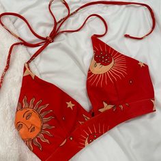 New!! Never Worn Hippy Swimsuit, Red Sleeveless Swimwear For Festivals, Orange Summer Halter Top For Beach, Orange Halter Top For Summer Beach, Red Summer Halter Top, Red Triangle Top Swimwear For Summer, Red Halter Neck Summer Top, Trendy Red Swimwear For Sunbathing, Red Triangle Halter Top For Sunbathing