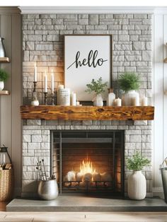 a living room with a fire place and candles on the mantel above it is a hello sign that says hello