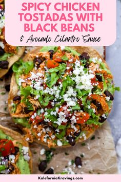 Layered with zesty avocado sauce, shredded chicken, black beans & the best taco toppings! These spicy chicken tostadas are delicious! Find all sorts of quick and easy weeknight dinner recipes on my website Avocado Cilantro Sauce, Taco Toppings, Chicken Tostadas, Homemade Fajita Seasoning, Fresh Guacamole, Cilantro Sauce, Easy Guacamole