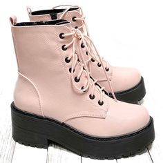 Update Your Wardrobe With These Stylish Platform Military Boots New In Box Vegan Leatherette Material Adjustable Laces Side Zipper For Easy Shoe Removal Lug Platform Sole Platform Height: Approximately 1.5 To 2.5 In., Depending On Size Heel Height: Approximately 2.75 In. Pink Ankle-high Boots For Winter, Casual Pink Flat Heel Boots, Trendy Pink Winter Boots, Trendy Pink High-top Lace-up Boots, Trendy Pink Lace-up Boots For Fall, Pink Winter Lace-up Boots, Pink Round Toe Lace-up Boots For Winter, Pink Round Toe Lace-up Boots For Spring, Pink High Heel Platform Boots For Winter