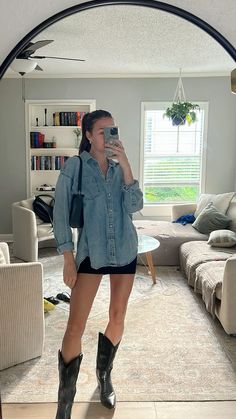 Denim shirt outfit Button Down Denim Shirt Outfit, Denim Shirt Black Skirt, Large Denim Shirt Outfit, Denim Shirt With Skirt Outfit, Denim On Denim Outfit Country, Western Denim Shirt Outfit, Jersey And Cowboy Boots Outfit, Shorts With Long Sleeve Shirt Outfits, Oversized Denim Button Up Shirt Outfit