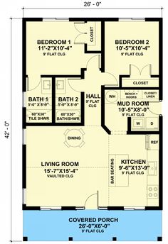 the floor plan for a small house with two bedroom and an attached bathroom area,