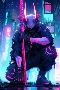 an anime character kneeling down with a pink stick in his hand and buildings behind him