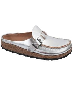 The Buckley by Birkenstock is here! You'll shine in this version with silver leather and tan trim.   #birkexpress #birkenstockexpress #birkenstock #birkenstocksandals #birkenstockoutfitideas #birkenstockoutfits #newbirkenstocks #birkenstockshoes #birkenstockshoe #birkenstockideas #silvershoes #silverbirks #silver #metallic #slipon #loaferstyle #corkfootbed #snazzy #bling #shine Birkenstock Buckley, Tan Trim, Metallic Shoes, Loafers Style, Casual Slippers, Leather Clogs