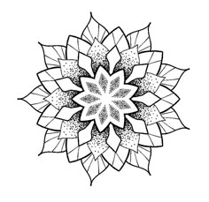 a black and white drawing of a flower with lots of leaves on the petals,