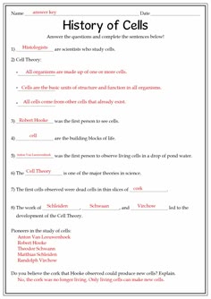 the history of cells worksheet is shown in this image, and it contains information for