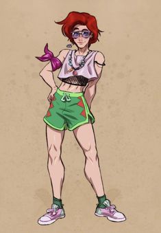 a drawing of a woman with red hair and green shorts, holding a purple object in her hand