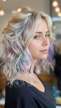 25 Trendy Silver Hair Color Ideas for a Radiant Look Blond Hair With Fun Colors, Pastel Hair Colors With Blonde Lavender, White Hair With Color Streaks, Lavender Streaks In Blonde Hair, Blond Hair With Purple Underneath, Pastel Hair Color Ideas For Short Hair, Blonde Hair Pastel Highlights, Blonde Pastel Hair, Blonde And Pastel Hair