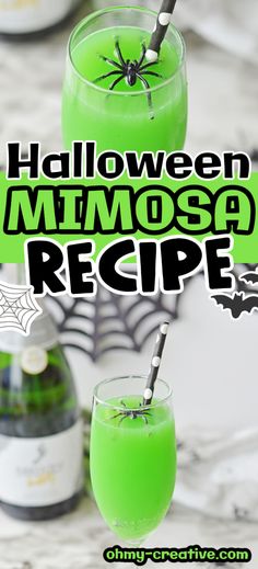 halloween mimosa recipe with green liquid and spooky spider on the rim