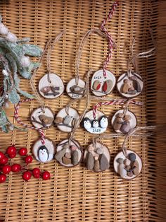 some ornaments are sitting on a wicker table