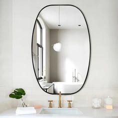 a bathroom sink with a mirror above it and a plant in the corner next to it