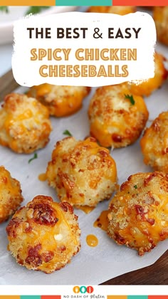 the best and easy spicy chicken cheeseballs on a platter with text overlay