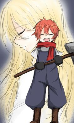 an anime character with long blonde hair wearing overalls and holding a large stick in his hand