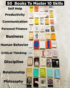 there are many books on the wall with words above them that read 50 books to master 10 skills