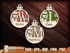 three personalized christmas ornames with the name and number on them