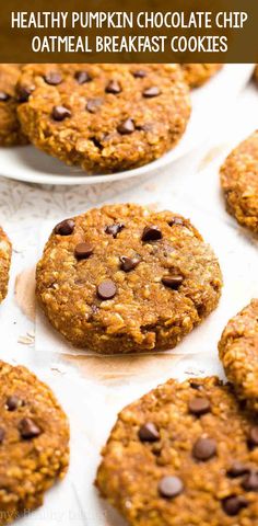 healthy pumpkin chocolate chip oatmeal breakfast cookies on a baking sheet with text overlay