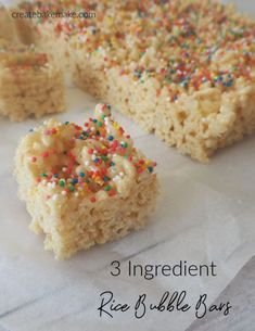 three ingredient rice bubble bars with sprinkles on top and the words 3 ingredient rice bubble bars