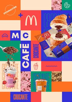 an advertisement for mcdonald's is shown in this graphic art work with food and drinks