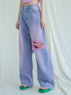 Editor's Notes The denim pants have a unique pink shade and a wide silhouette in various sizes to fit anyone.  - Maxi length for a street-fashion style- Destroyed detail on one side at the front- Dyed string for a unique accent- Unique pink color in denim that brings up the kitsch mood- Snow washing technique for a vintage mood- High quality finish with multiple steps of sampling- Neat finish by a professional- Comfortable and sturdy cotton fabric Virtual Wishlist, Vaporwave Fashion, Flower Pants, Creative Clothes, Pastel Fashion, Pink Shade, Barbie Fashionista, Wide Pants, Kpop Outfits