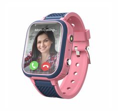 a pink and blue smart watch with the message mom calling on it's screen